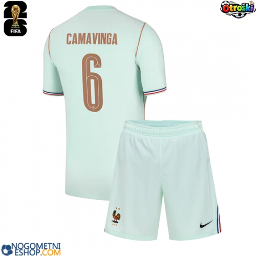 Otroški Nogometni dresi Francija Eduardo Camavinga #6 Gostujoči SP 2026 Kratek Rokav (+ Kratke hlače)